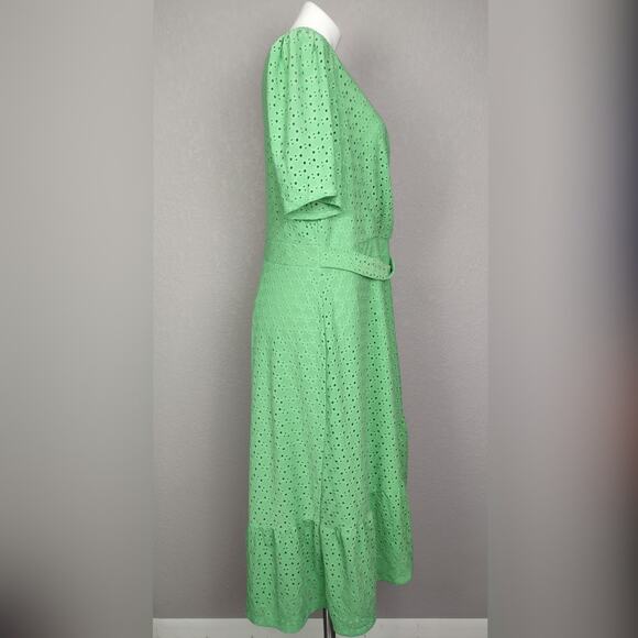 London Times Green Eyelet Ruffle Faux Wrap Midi Dress Size 14W - Picture 3 of 13